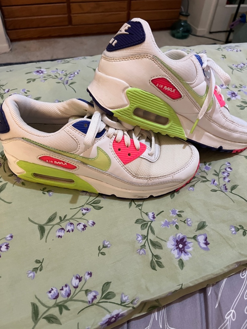 Nike Air Max Womens White Sneakers with Neon Green, Blue and Hot Pink Accents